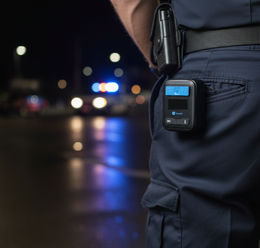 Politi med kroppskamera og pistol på beltet, uklare utrykningskjøretøy med blålys i bakgrunnen, natt.